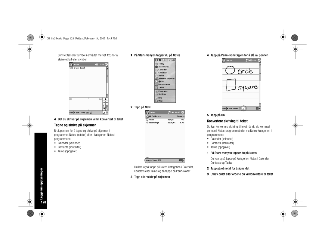 HP H3900 manual Tegne og skrive på skjermen, Konvertere skriving til tekst, Legge inn opplysninger 128 