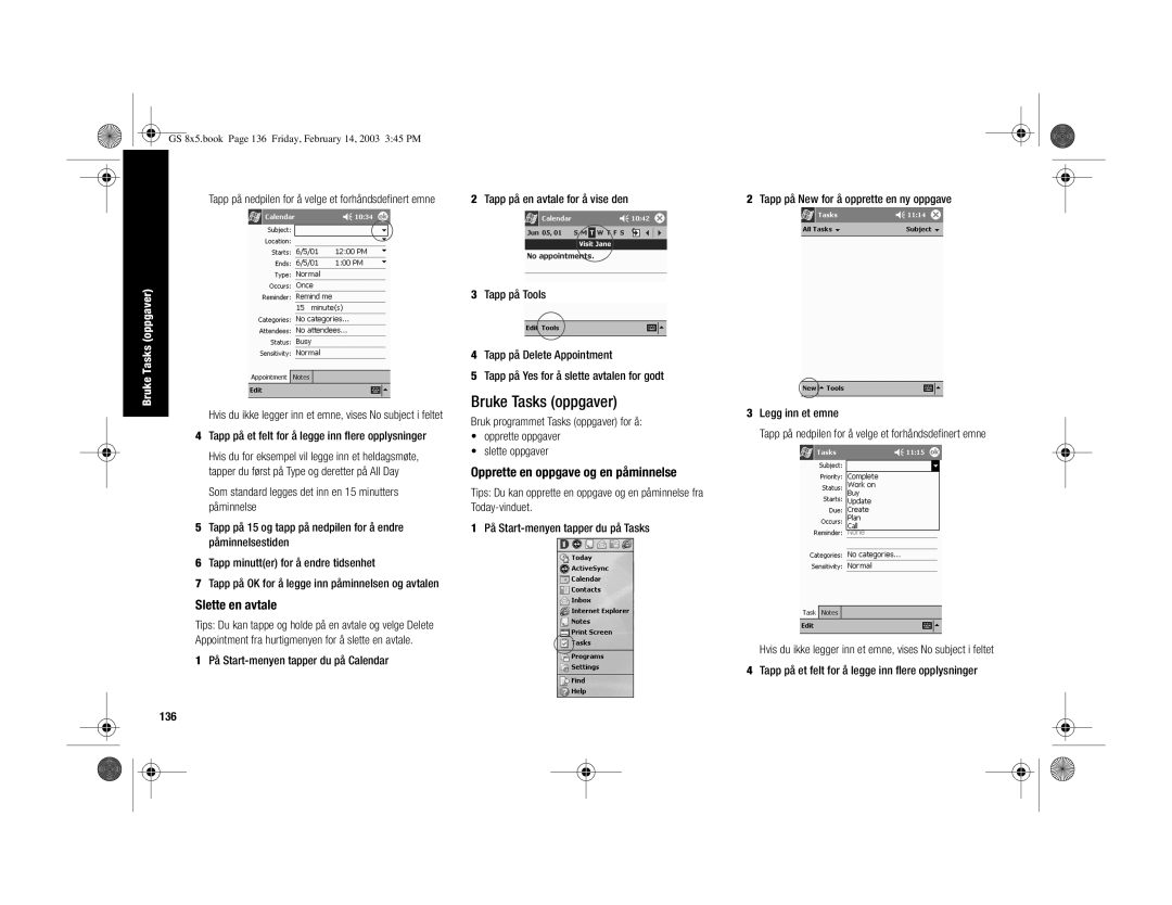 HP H3900 manual Bruke Tasks oppgaver, Slette en avtale, Opprette en oppgave og en påminnelse, 136 