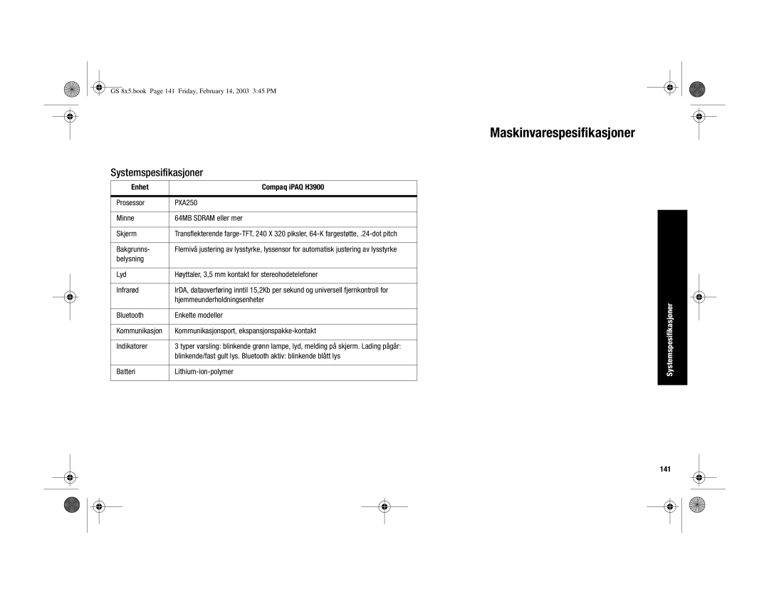 HP manual Maskinvarespesifikasjoner, Systemspesifikasjoner, Enhet Compaq iPAQ H3900, 141 