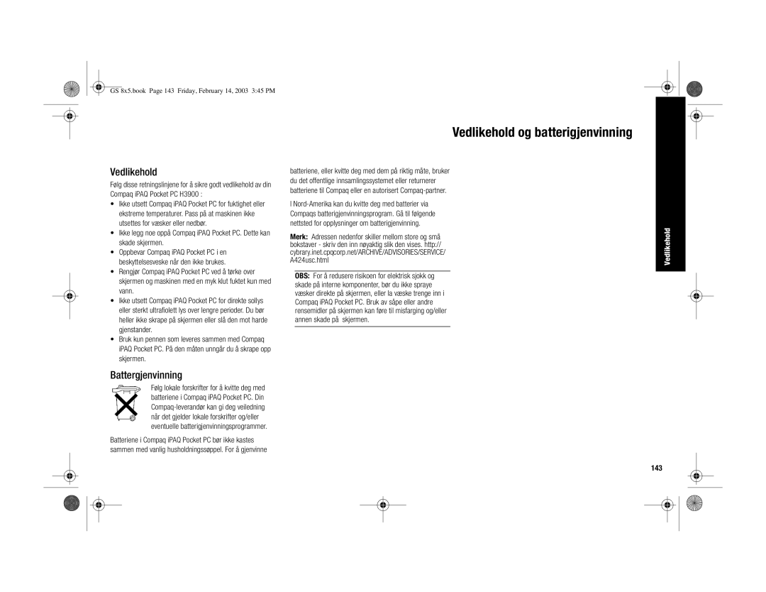 HP H3900 manual Vedlikehold og batterigjenvinning, Battergjenvinning, 143 