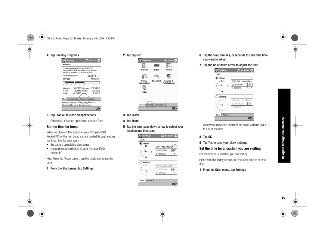 HP H3900 manual Set the time for home, Set the time for a location you are visiting, Tap Running Programs 