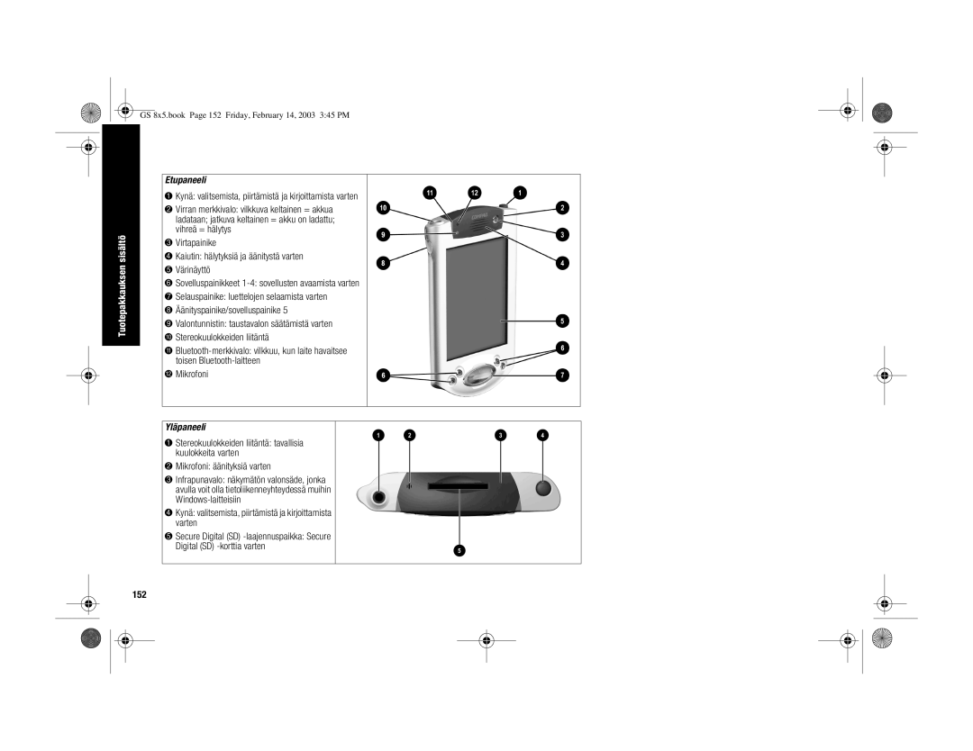 HP H3900 manual Etupaneeli, Yläpaneeli, Kynä valitsemista, piirtämistä ja kirjoittamista varten, 152 