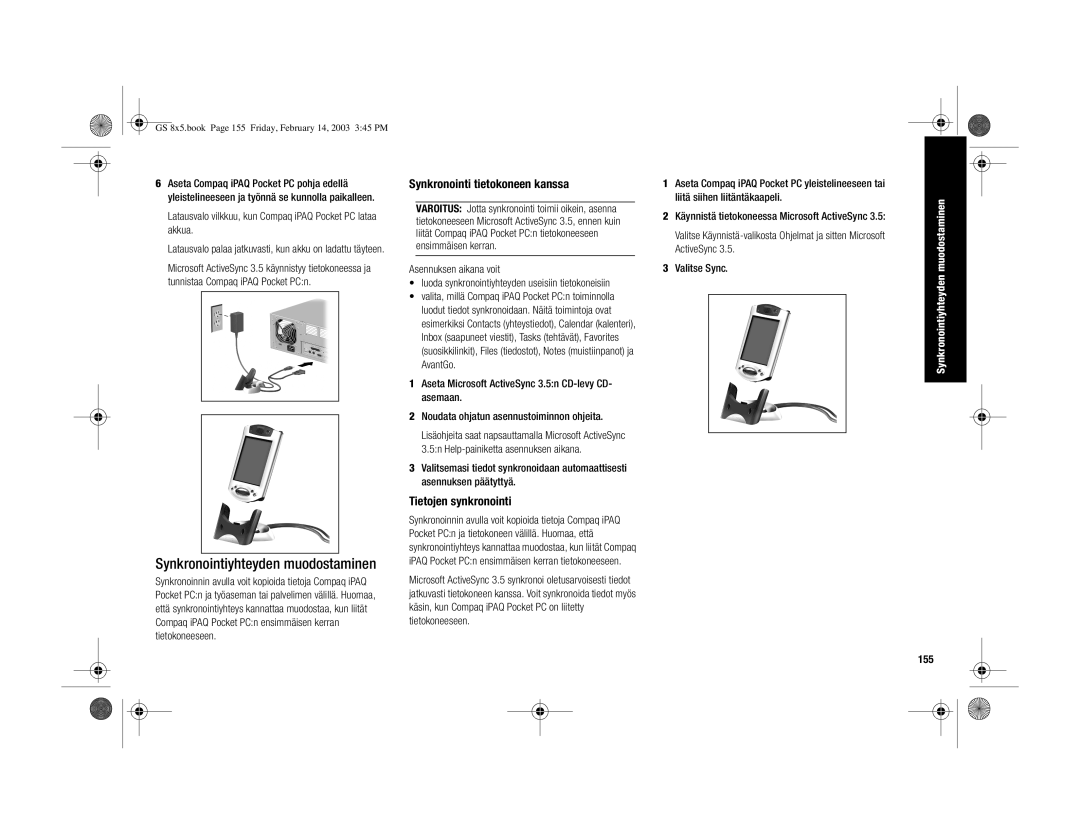 HP H3900 manual Synkronointiyhteyden muodostaminen, Synkronointi tietokoneen kanssa, Tietojen synkronointi, 155 