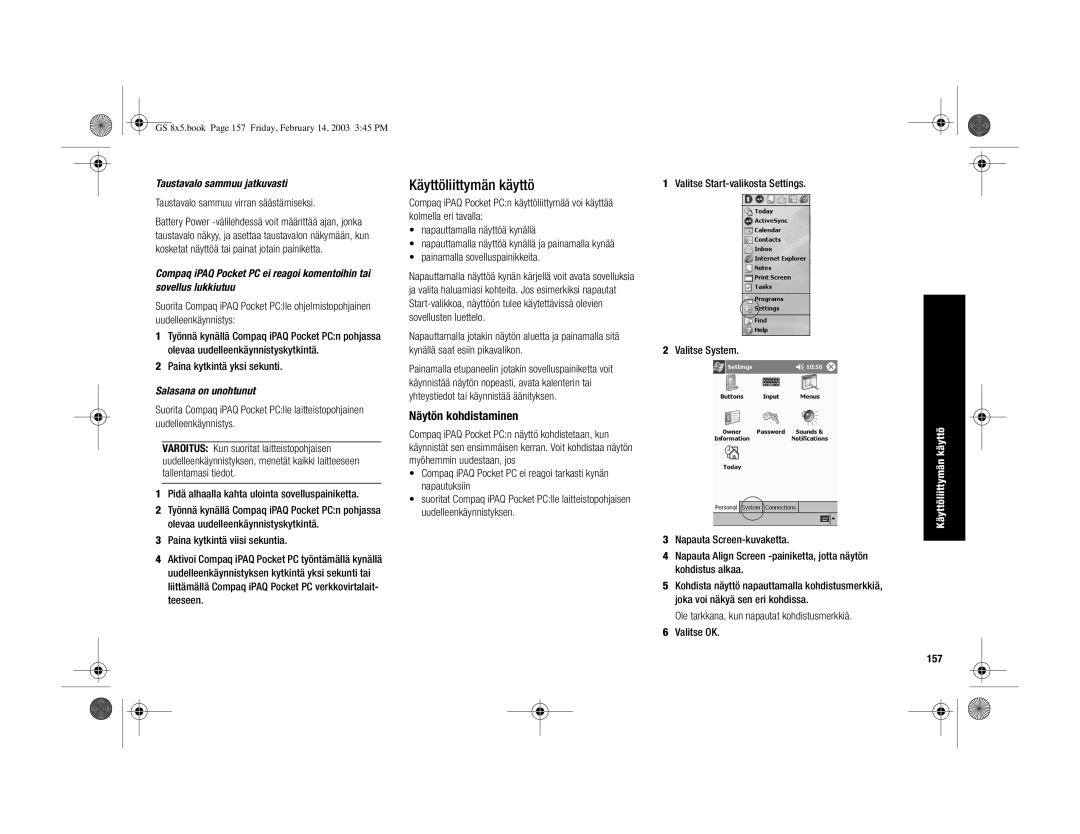 HP H3900 manual Käyttöliittymän käyttö, Näytön kohdistaminen, Taustavalo sammuu jatkuvasti, Salasana on unohtunut, 157 