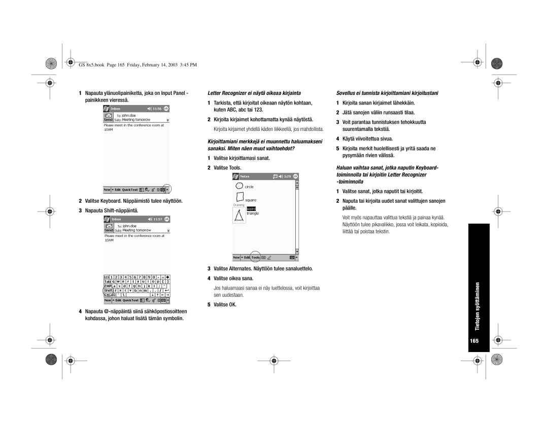 HP H3900 manual Letter Recognizer ei näytä oikeaa kirjainta, Tietojen syöttäminen 165 