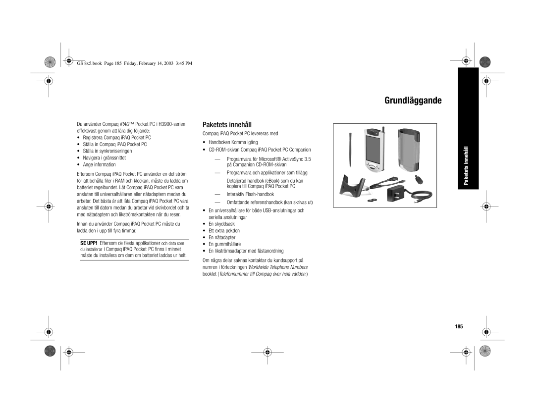 HP H3900 manual Grundläggande, Paketets innehåll, Programvara och applikationer som tillägg, 185 