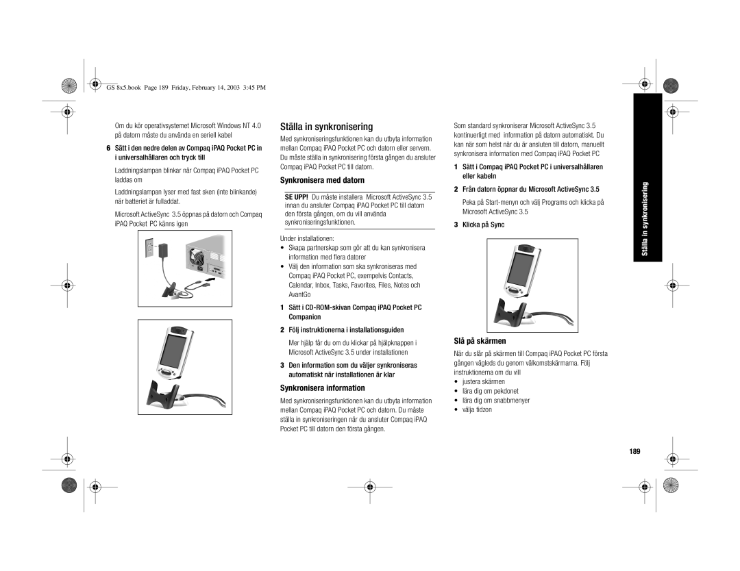 HP H3900 manual Ställa in synkronisering, Synkronisera med datorn, Synkronisera information, Slå på skärmen, 189 