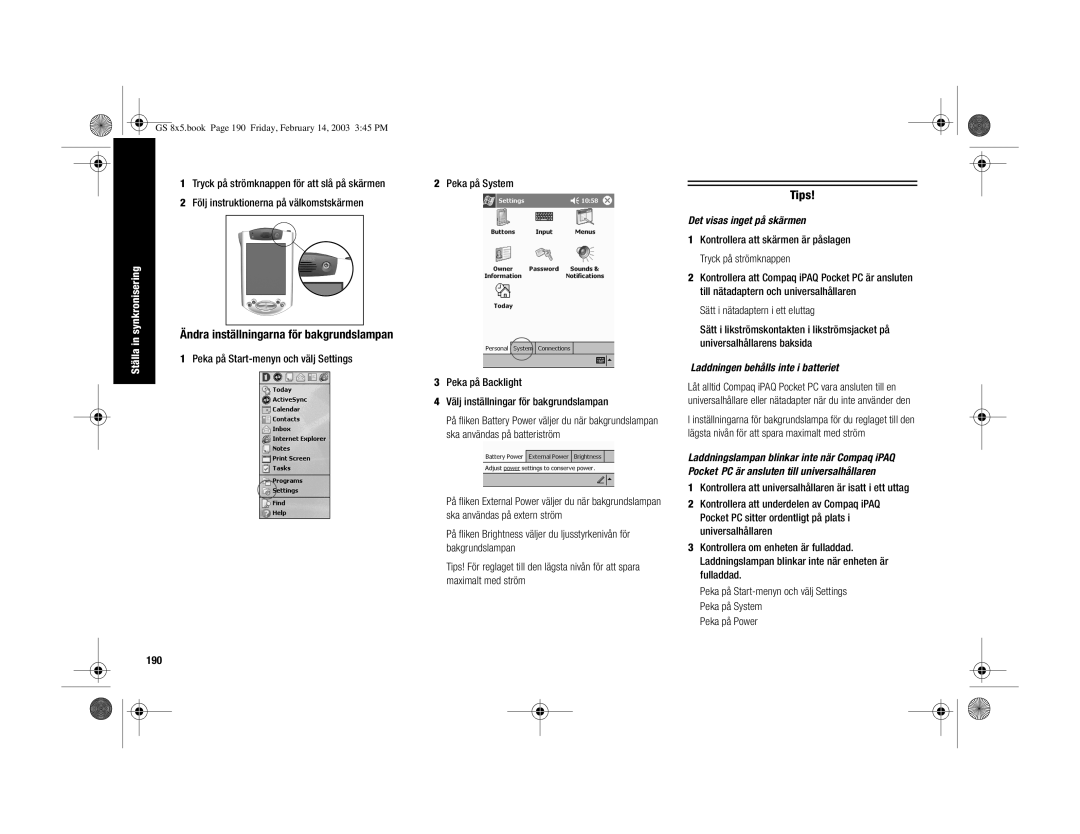 HP H3900 manual 190, Det visas inget på skärmen, Laddningen behålls inte i batteriet 