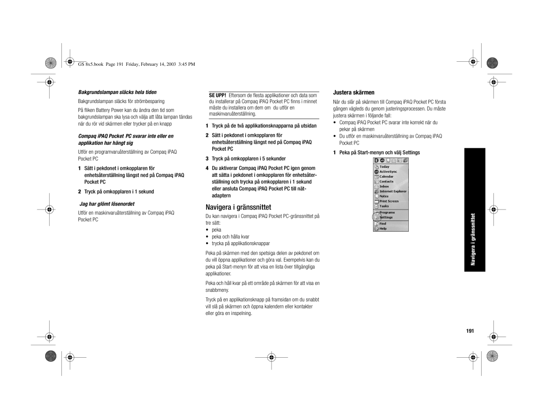 HP H3900 manual Navigera i gränssnittet, Justera skärmen, Bakgrundslampan släcks hela tiden, Jag har glömt lösenordet, 191 