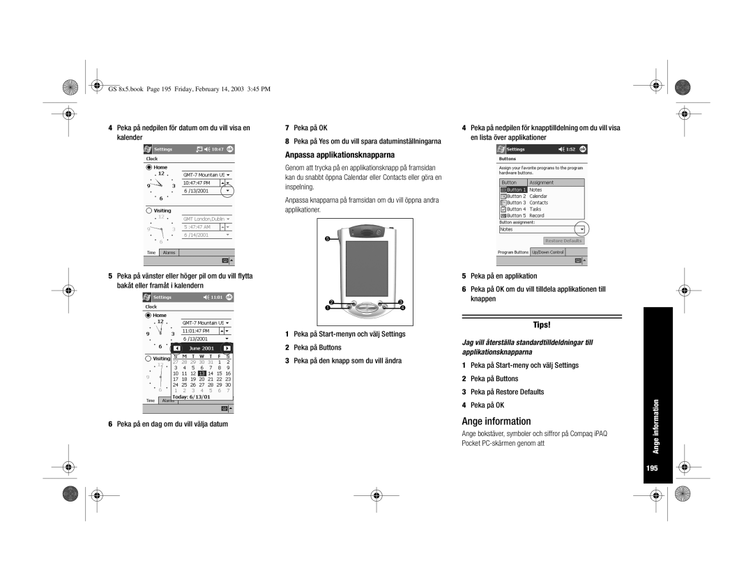 HP H3900 manual Anpassa applikationsknapparna, Ange information 195 