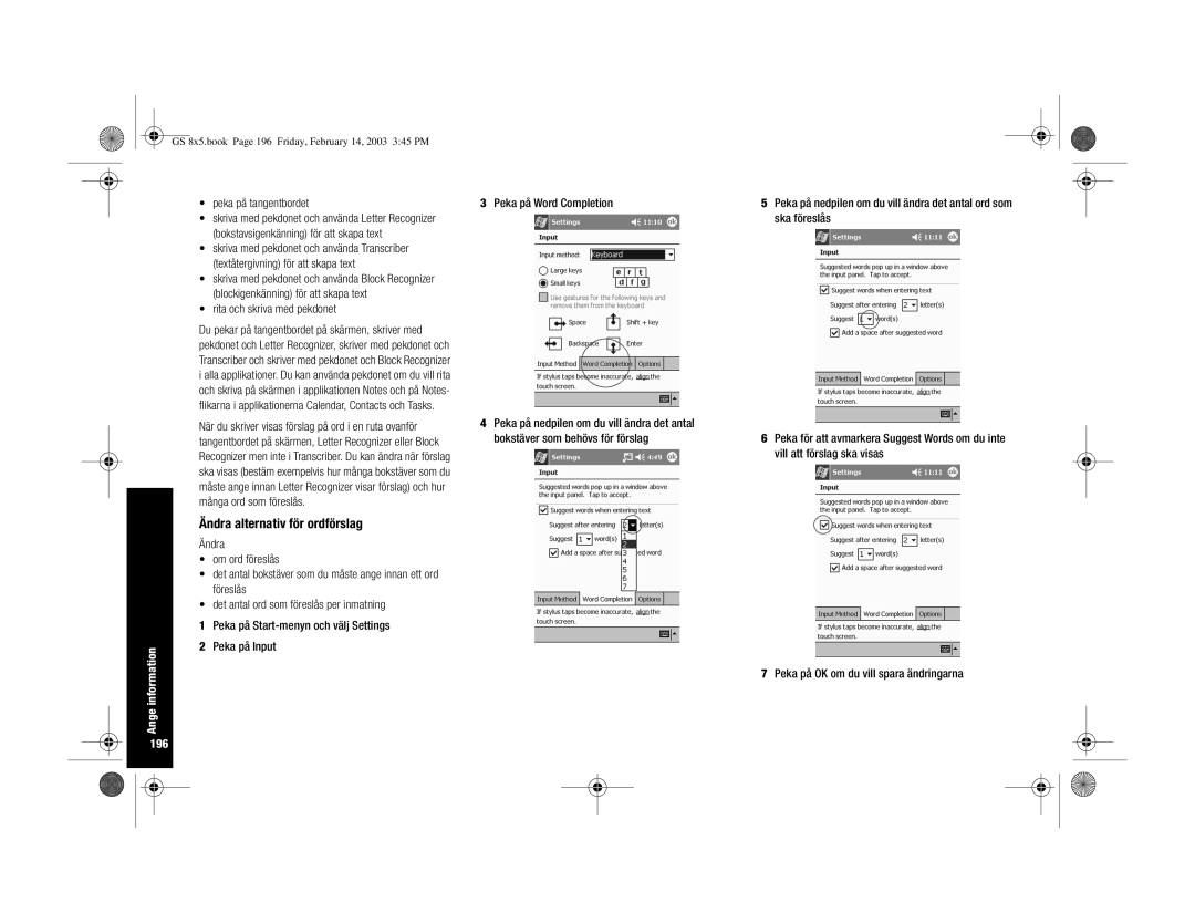 HP H3900 manual Ändra alternativ för ordförslag, Ange information, 196 