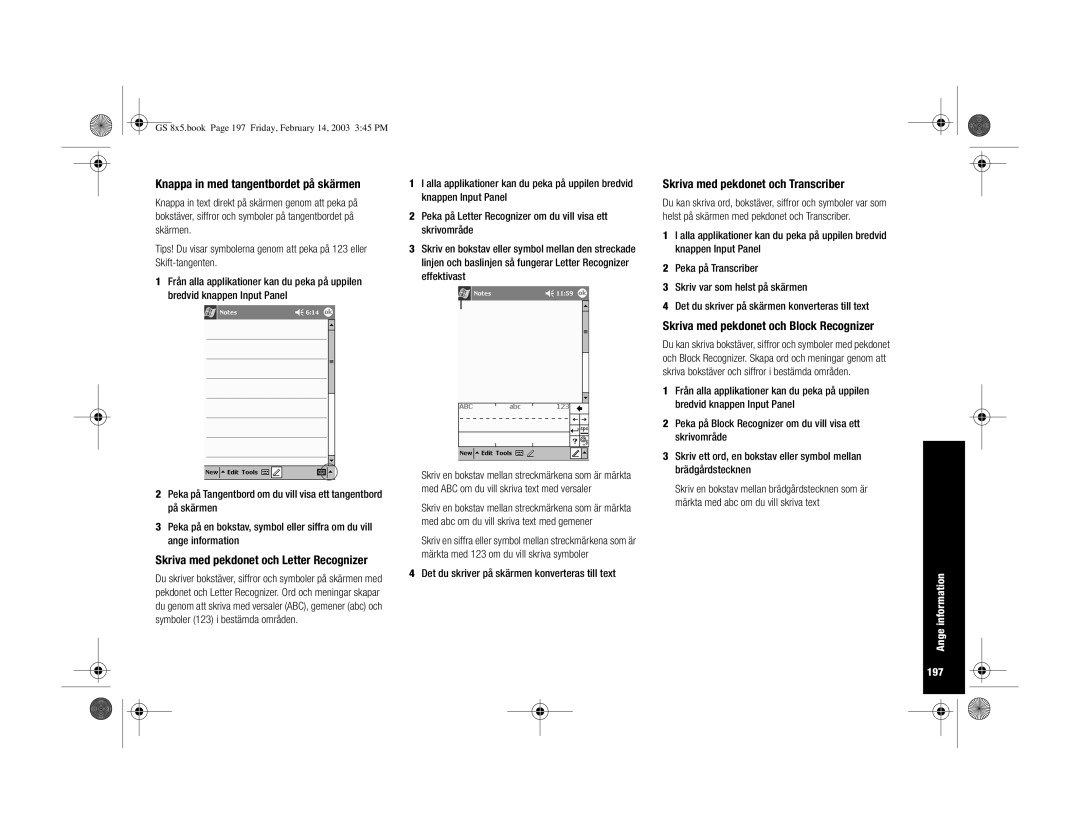 HP H3900 manual Knappa in med tangentbordet på skärmen, Skriva med pekdonet och Letter Recognizer, Ange information 197 