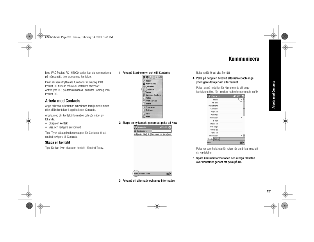 HP H3900 manual Kommunicera, Arbeta med Contacts, Skapa en kontakt, 201 