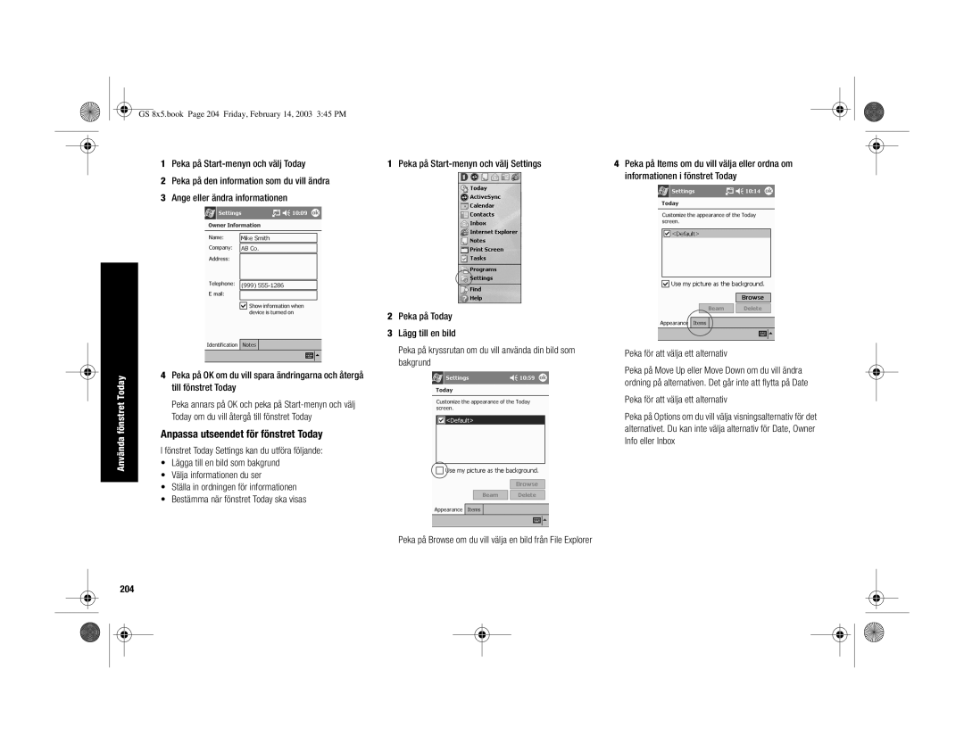 HP H3900 manual Anpassa utseendet för fönstret Today, 204, Peka för att välja ett alternativ 