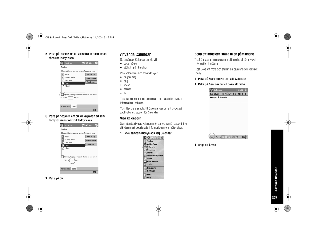 HP H3900 manual Visa kalendern, Boka ett möte och ställa in en påminnelse, Använda Calendar 205 