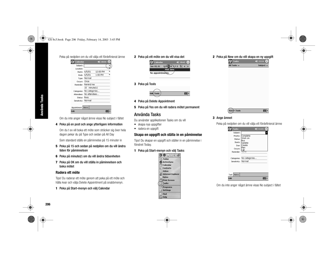 HP H3900 manual Använda Tasks, Radera ett möte, 206, Skapa en uppgift och ställa in en påminnelse 