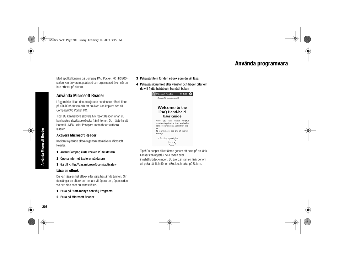 HP H3900 manual Använda programvara, Använda Microsoft Reader, Aktivera Microsoft Reader, Läsa en eBook, 208 