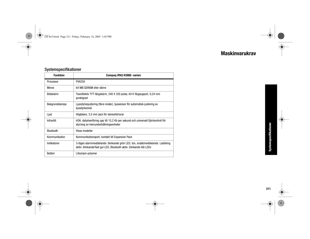 HP manual Maskinvarukrav, Funktion Compaq iPAQ H3900 -serien, 211 