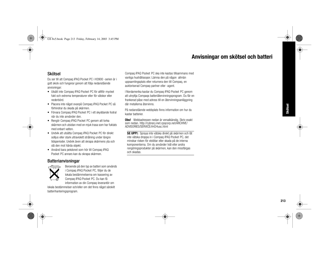 HP H3900 manual Anvisningar om skötsel och batteri, Skötsel, Batterianvisningar, 213 