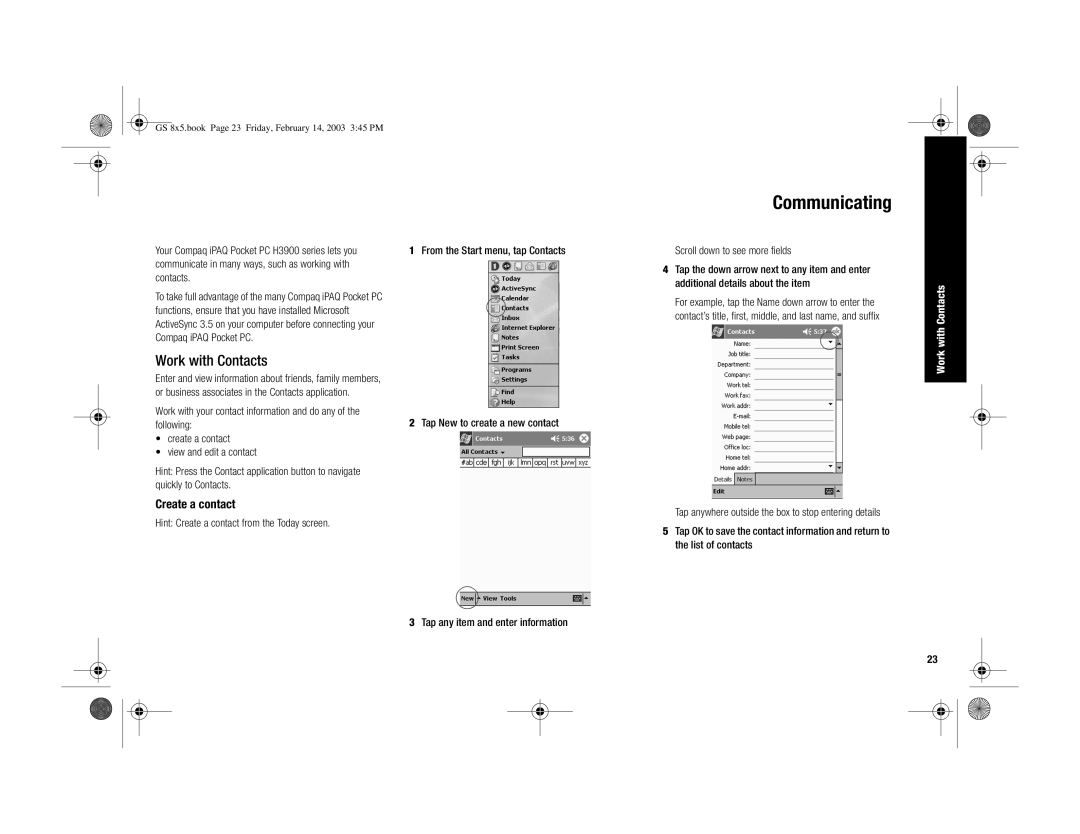 HP H3900 manual Communicating, Work with Contacts, Create a contact 