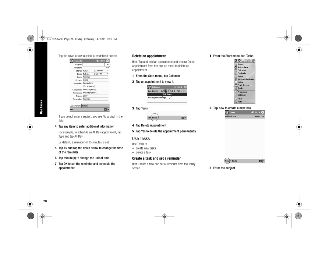 HP H3900 manual Delete an appointment, Create a task and set a reminder, Use Tasks to Create new tasks Delete a task 