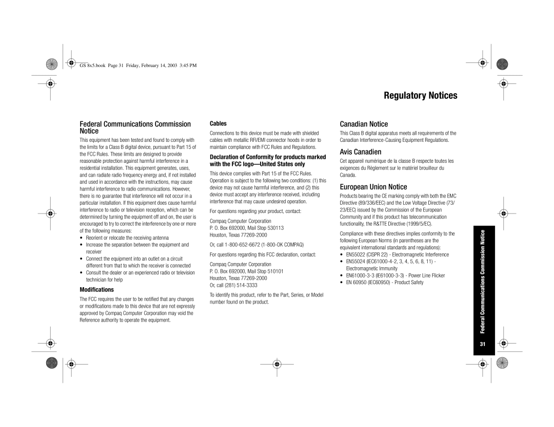 HP H3900 manual Regulatory Notices, Federal Communications Commission Notice, Canadian Notice, Avis Canadien 