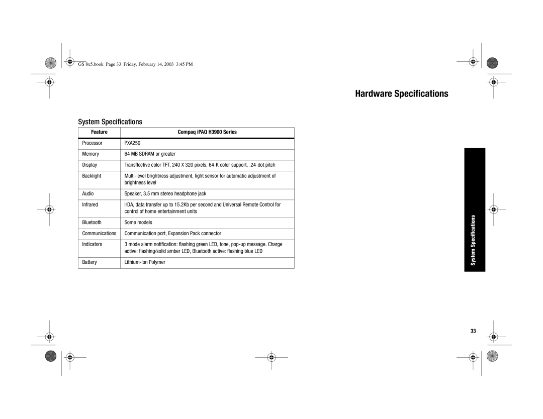 HP manual Hardware Specifications, System Specifications, Feature Compaq iPAQ H3900 Series 