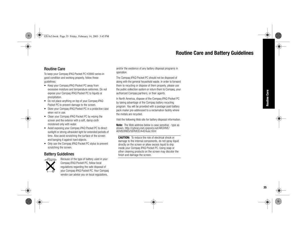 HP H3900 manual Routine Care and Battery Guidelines 