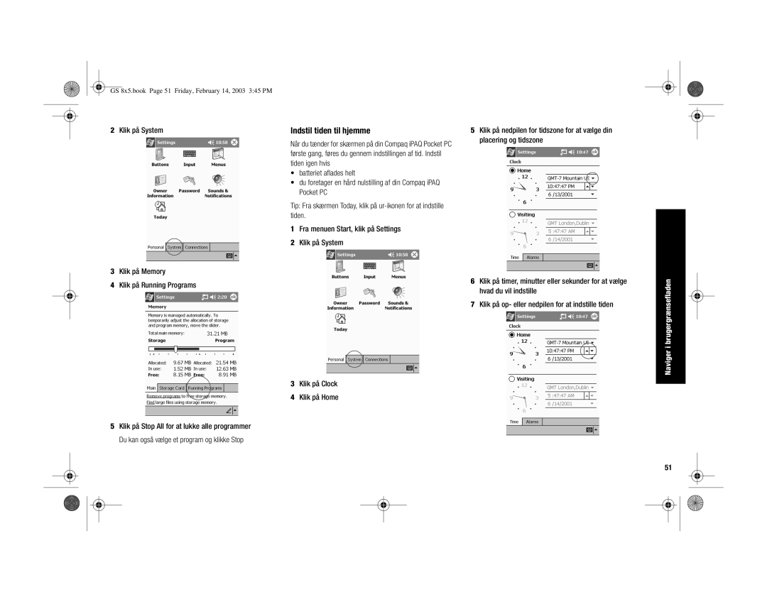 HP H3900 manual Indstil tiden til hjemme, Tiden igen hvis, Batteriet aflades helt, Pocket PC 