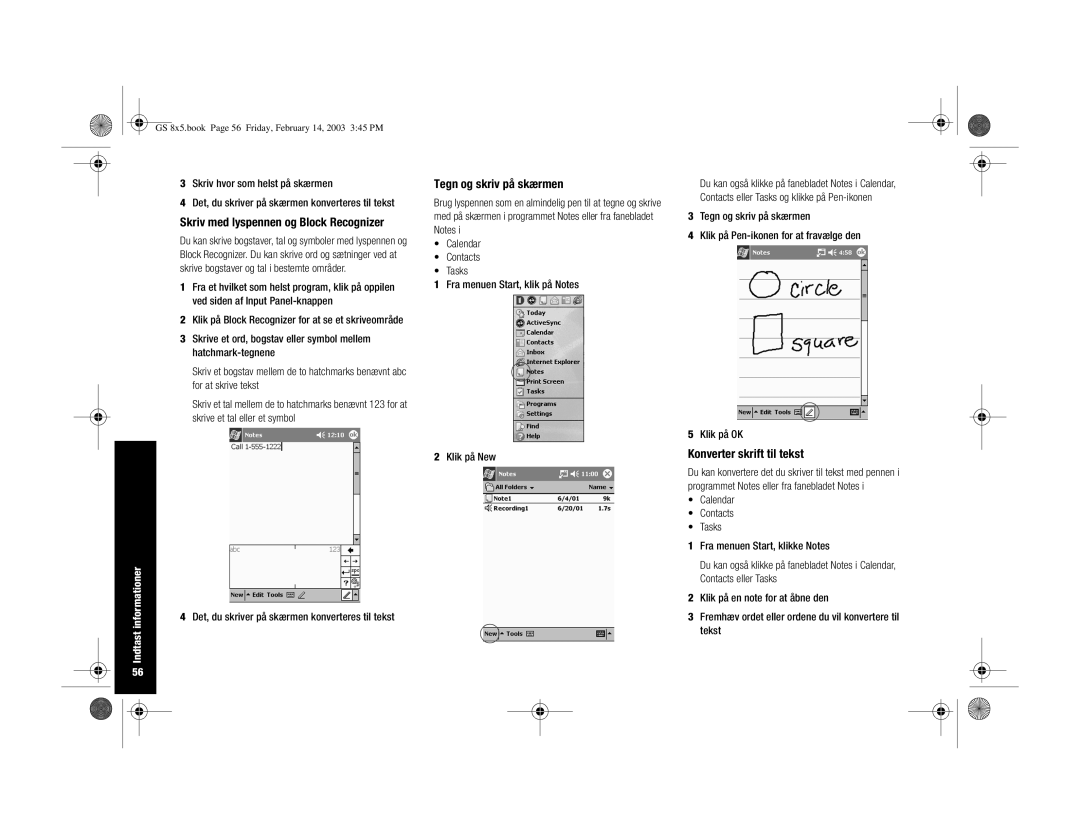 HP H3900 manual Skriv med lyspennen og Block Recognizer, Tegn og skriv på skærmen, Konverter skrift til tekst 