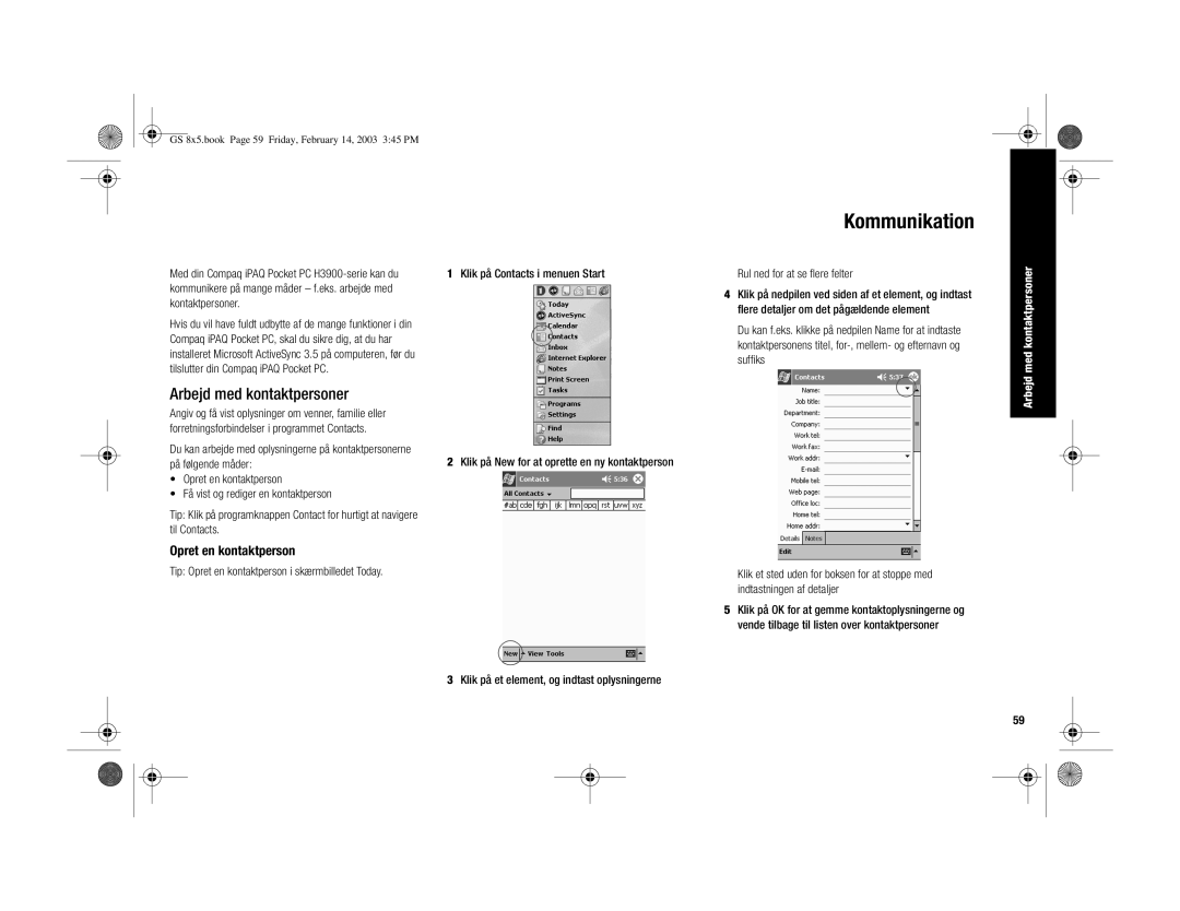 HP H3900 manual Kommunikation, Arbejd med kontaktpersoner, Opret en kontaktperson 