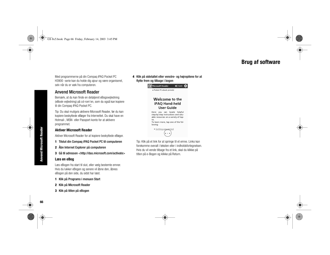 HP H3900 manual Brug af software, Anvend Microsoft Reader, Aktiver Microsoft Reader, Læs en eBog 