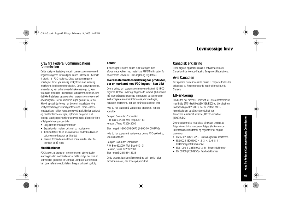 HP H3900 manual Canadisk erklæring, EU-erklæring, Tilslutninger til denne enhed skal foretages med 