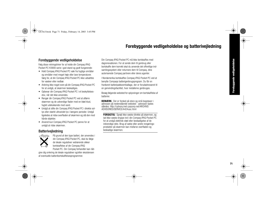 HP H3900 manual Forebyggende vedligeholdelse, Batterivejledning 