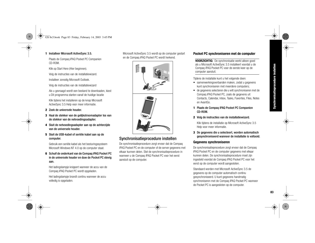 HP H3900 manual Synchronisatieprocedure instellen, Pocket PC synchroniseren met de computer, Gegevens synchroniseren 