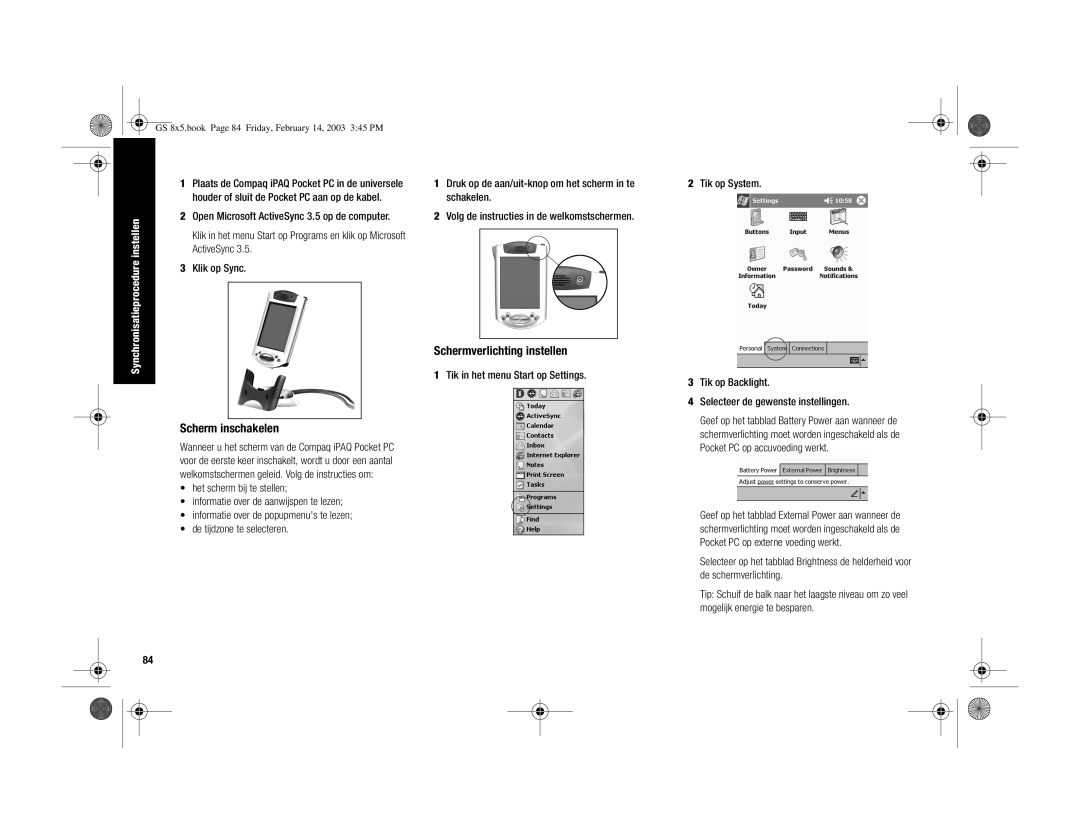 HP H3900 manual Scherm inschakelen, Schermverlichting instellen, ActiveSync, Klik op Sync 