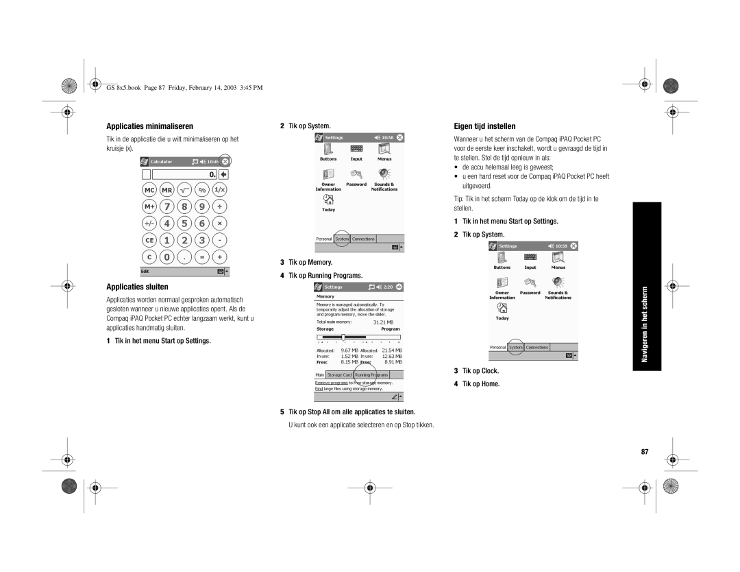 HP H3900 manual Applicaties minimaliseren, Eigen tijd instellen, Applicaties sluiten 