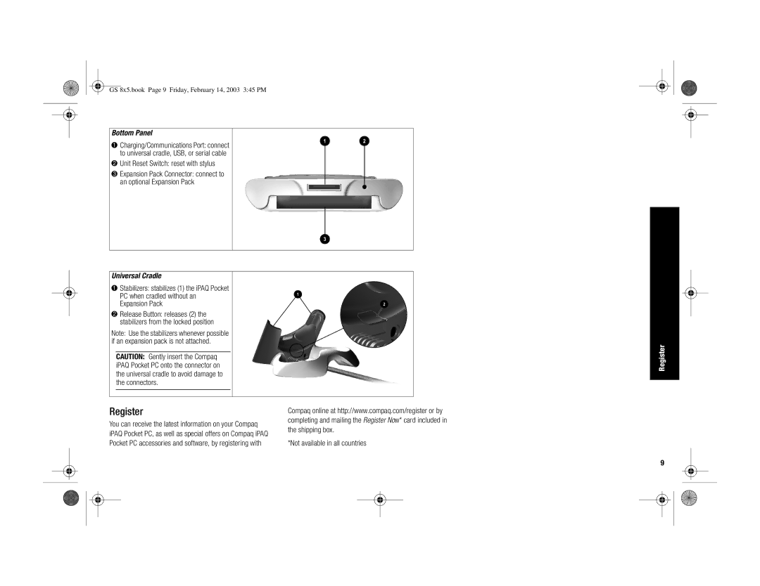 HP H3900 manual Register, Bottom Panel, Universal Cradle 