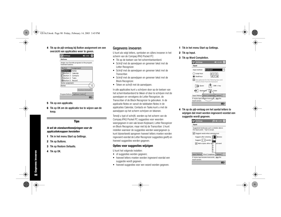 HP H3900 manual Gegevens invoeren, Opties voor suggesties wijzigen 