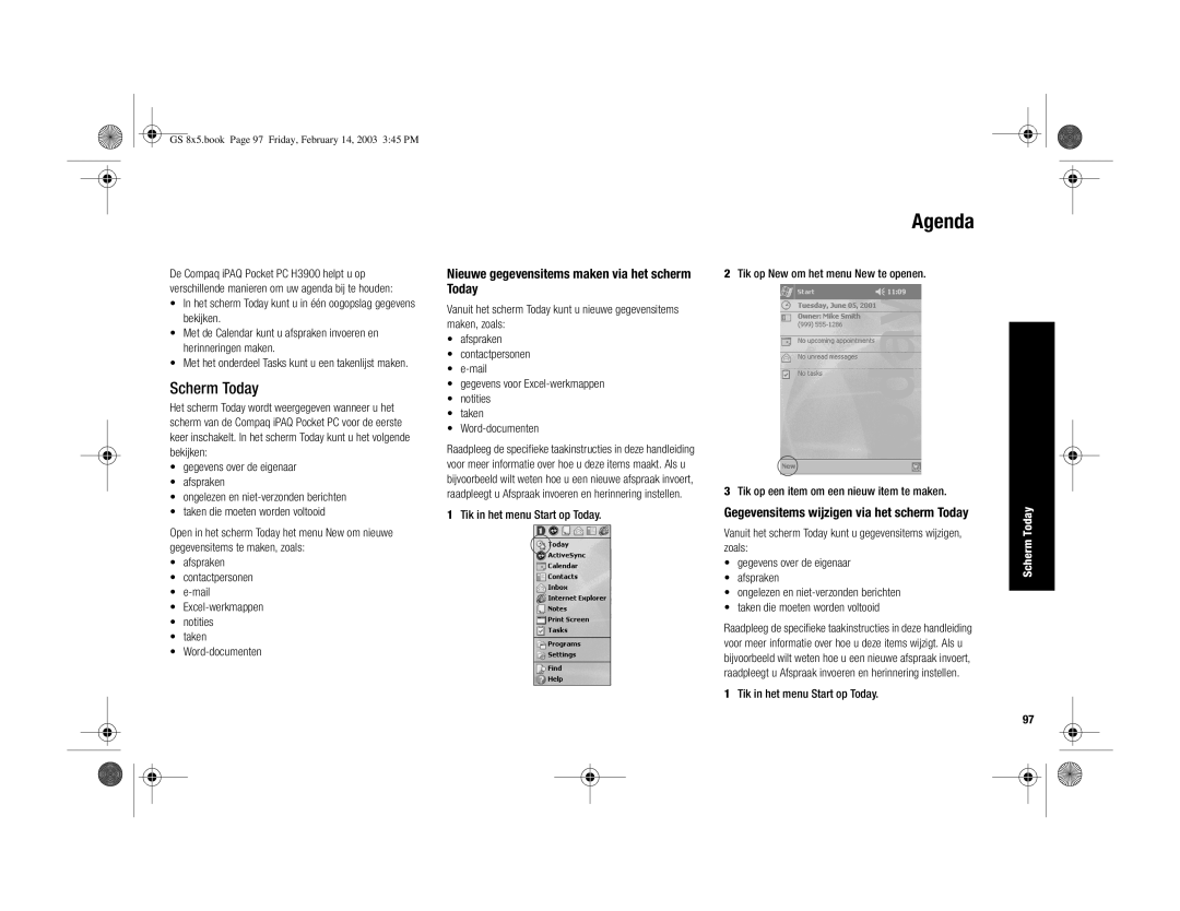 HP H3900 manual Agenda, Scherm Today, Nieuwe gegevensitems maken via het scherm Today 