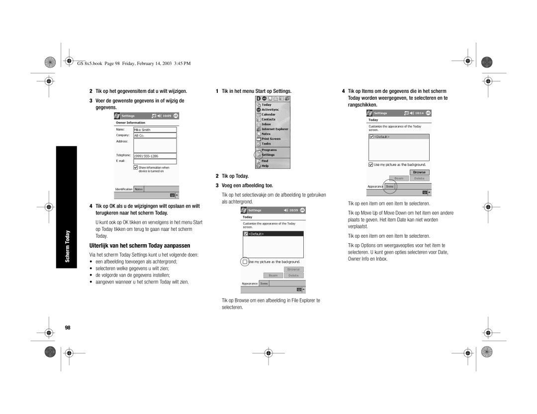 HP H3900 manual Uiterlijk van het scherm Today aanpassen, Tik op het gegevensitem dat u wilt wijzigen 