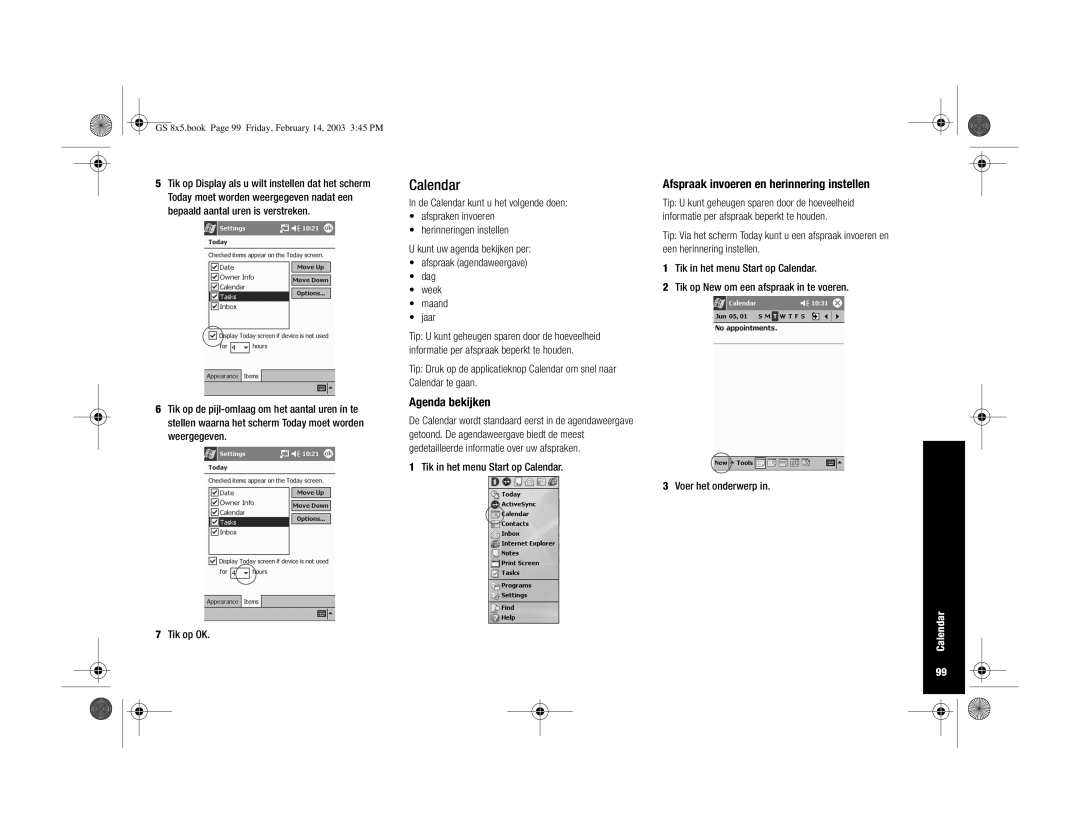 HP H3900 manual Agenda bekijken, Afspraak invoeren en herinnering instellen, Tik in het menu Start op Calendar 