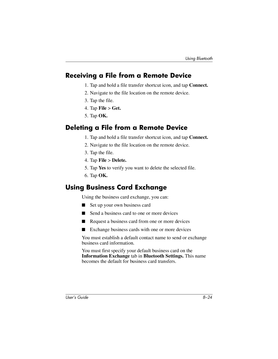 HP h4100 manual Receiving a File from a Remote Device, Deleting a File from a Remote Device, Using Business Card Exchange 