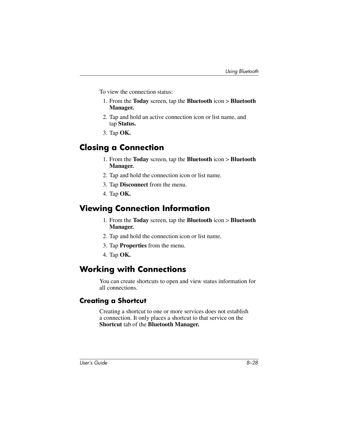 HP h4100 manual Closing a Connection, Viewing Connection Information, Working with Connections, Creating a Shortcut 