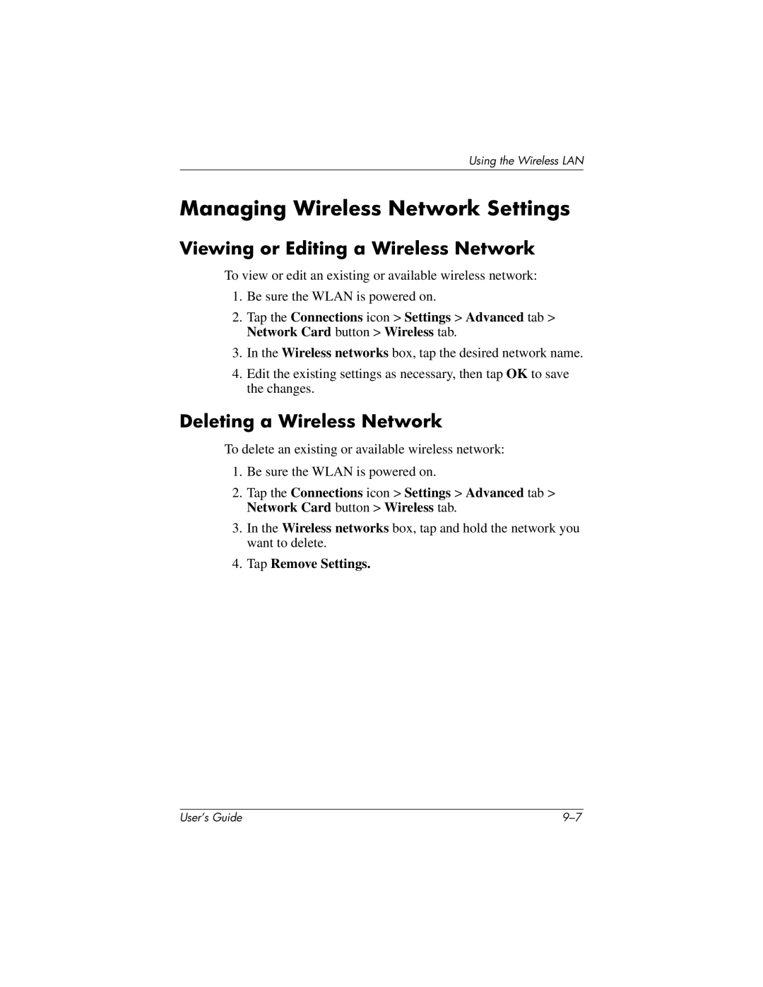 HP h4100 manual Managing Wireless Network Settings, Viewing or Editing a Wireless Network, Deleting a Wireless Network 