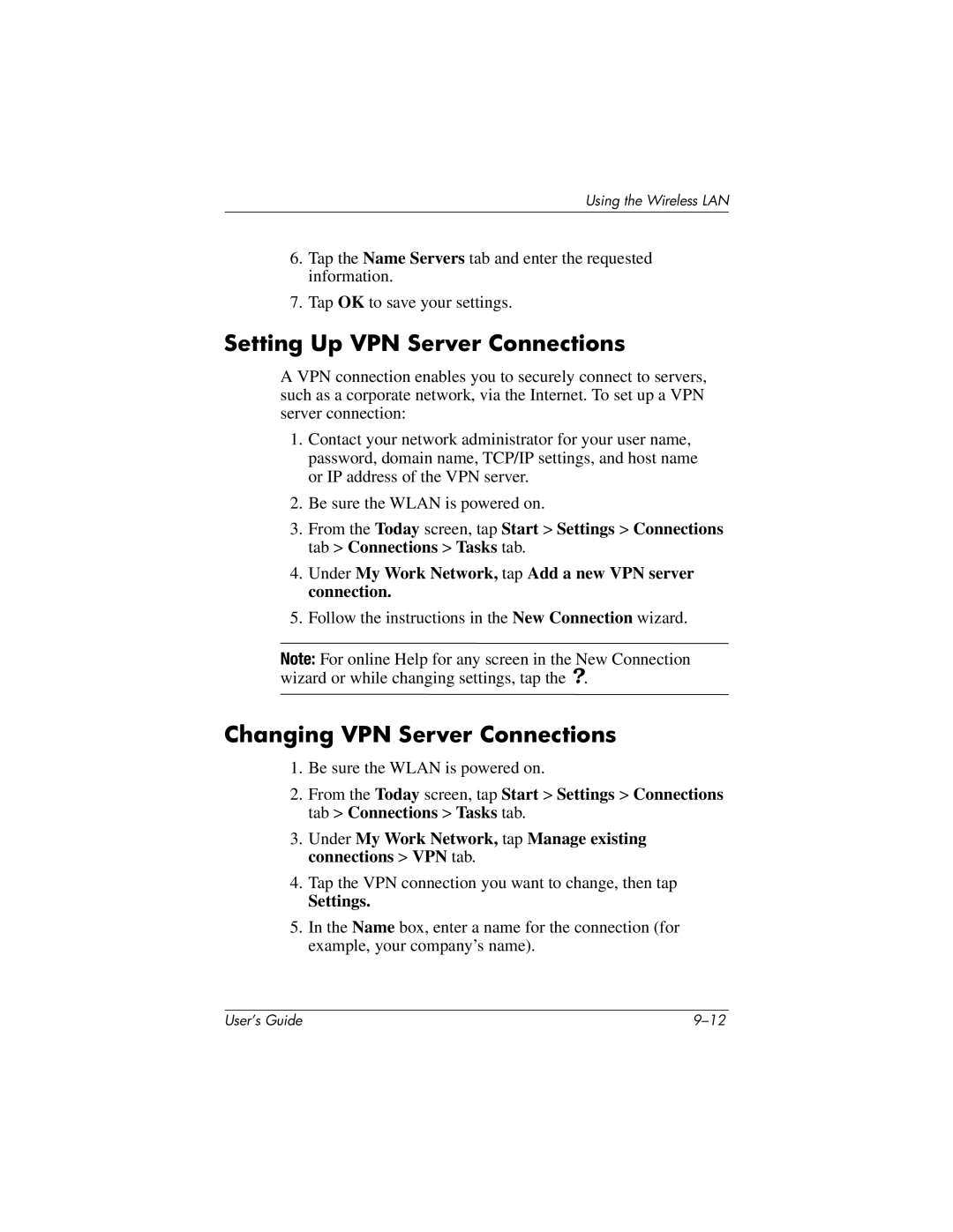 HP h4100 manual Setting Up VPN Server Connections, Changing VPN Server Connections 