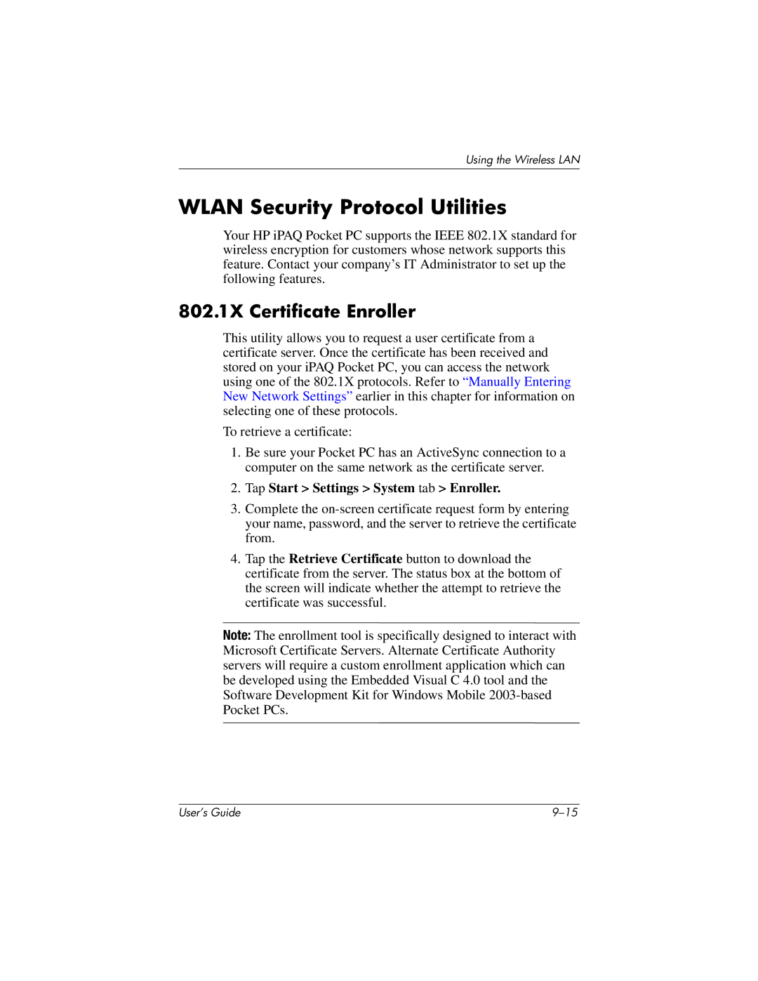 HP h4100 manual Wlan Security Protocol Utilities, 802.1X Certificate Enroller, Tap Start Settings System tab Enroller 