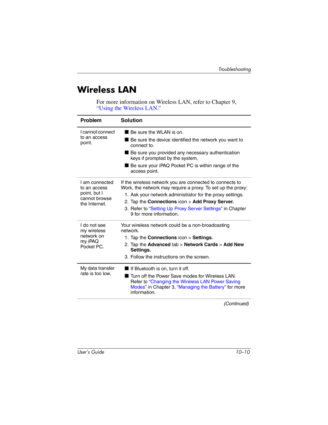 HP h4100 manual Wireless LAN, Tap the Connections icon Add Proxy Server 