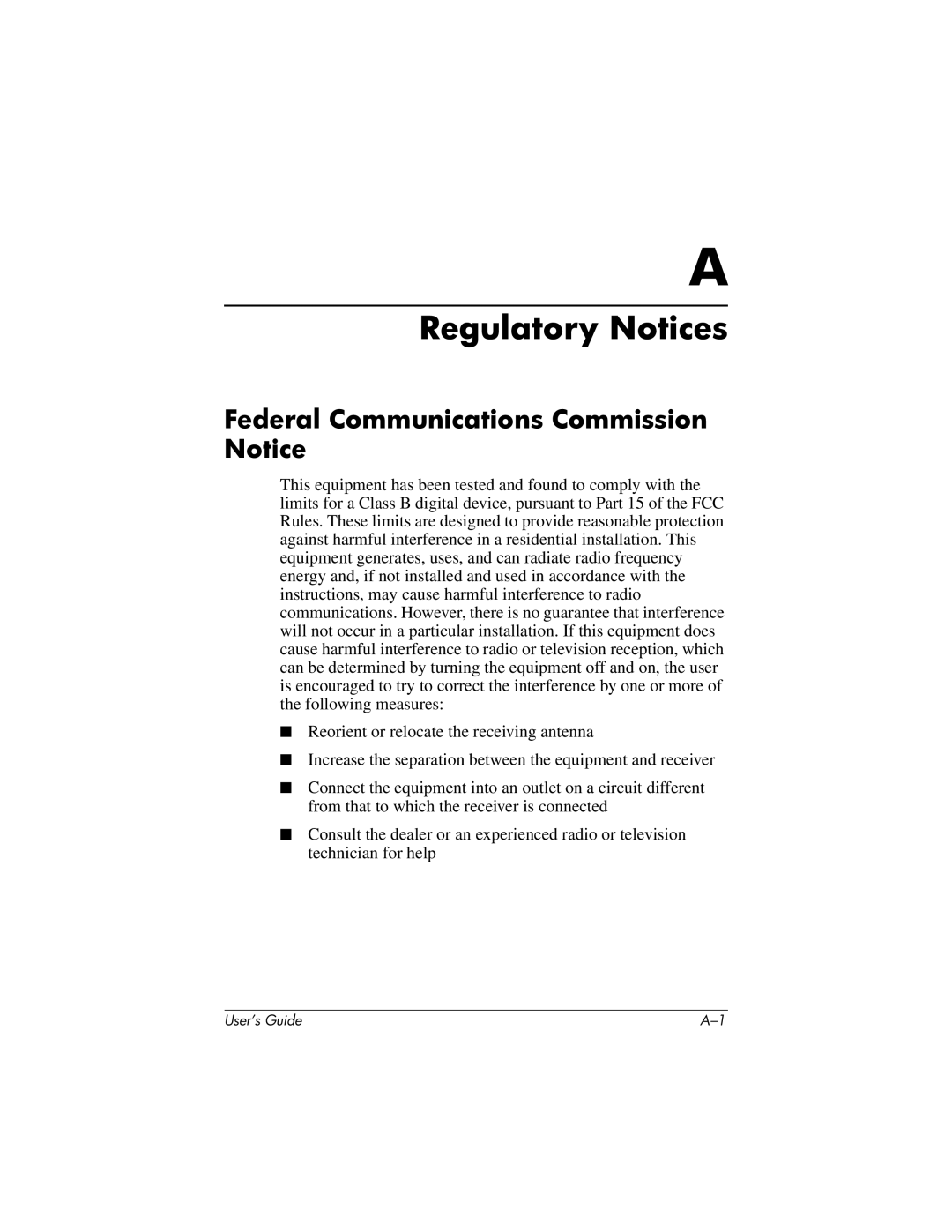 HP h4100 manual Regulatory Notices, Federal Communications Commission Notice 