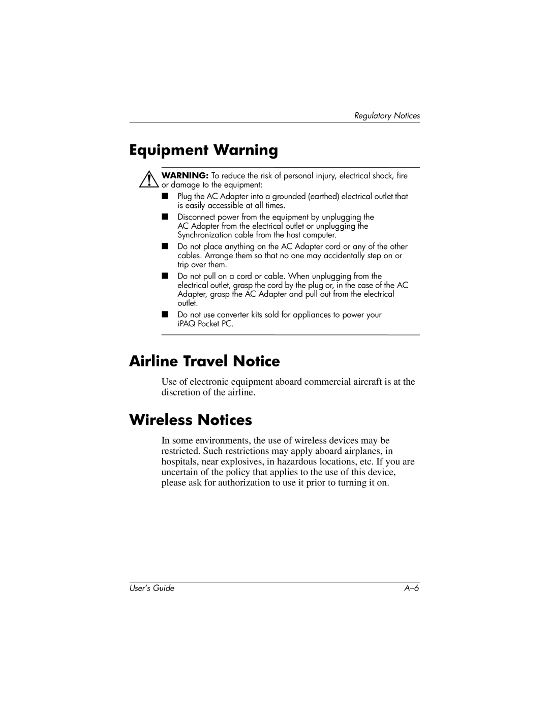 HP h4100 manual Equipment Warning, Airline Travel Notice, Wireless Notices 